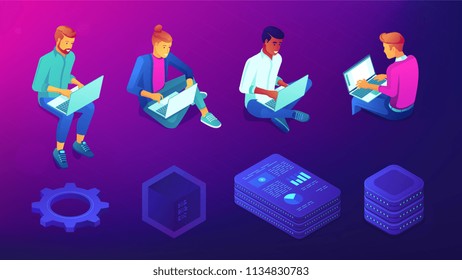 Isometric developers, programmers and designers with laptops set. Blockchain, IT technology and coding symbols on ultraviolet background. Vector 3d illustrations set. Isometric developers, programmers and designers with laptops set. Blockchain, IT technology and coding symbols on ultraviolet background. Vector 3d illustrations set.