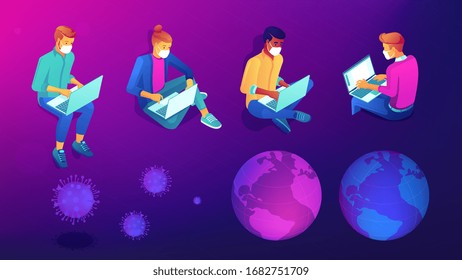 Isometric developers, programmers and designers working from home online during novel coronavirus pandemic set. Social isolation, self-quarantine on violet background. Vector 3d illustrations set.