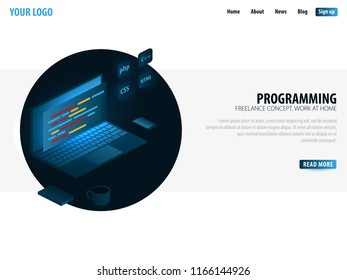 Isometric Developing programming and coding technologies. Can use for web banner or infographics. Freelance concept. Work at home