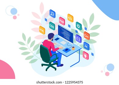 Isometric Developing programming and coding technologies. Website design. Vector illustration