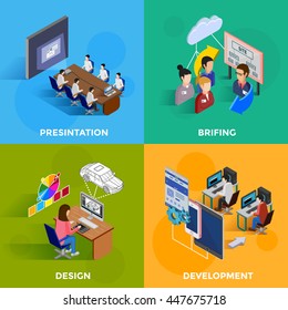 Isometric development 2x2 design concept set of designers and programmers on software presentation and new website briefing flat vector illustration