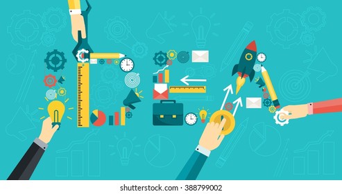 Isometric development of business ideas. Startup. The process of creation of business icons. Trendy flat style. Vector illustration