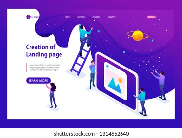 Isometric development and creation of a website, little men. Website Template Landing page.