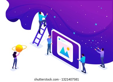 Isometric development and creation of a website, little men. Concept for web design.