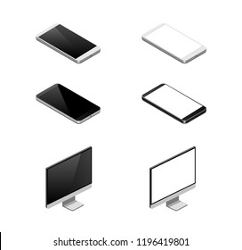 Isometric device icon. Smartphone isometria, monitor. Home personal computer and personal gadgets