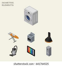 Isometric Device Set Of Kitchen Fridge, Television, Vac And Other Vector Objects. Also Includes Cloth, Hood, Device Elements.
