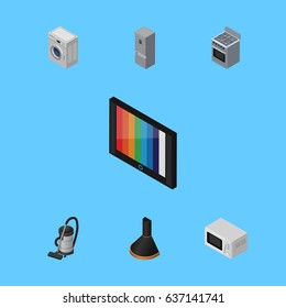 Isometric Device Set Of Laundry, Stove, Kitchen Fridge And Other Vector Objects. Also Includes Cleaner, Vac, Refrigerator Elements.