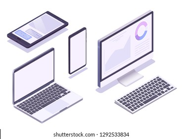 Isometric Device Set. Monitor, Laptop, Tablet, Smartphone