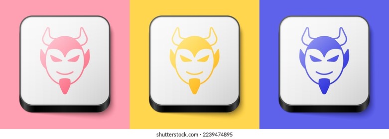 Isometric Devil head icon isolated on pink, yellow and blue background. Happy Halloween party. Square button. Vector