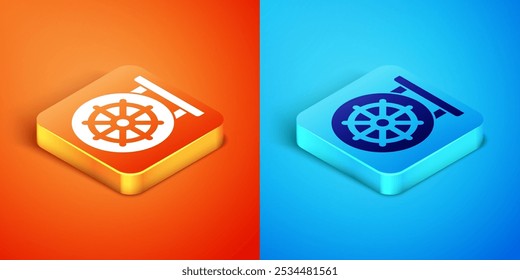 Isometric Dharma wheel icon isolated on orange and blue background. Buddhism religion sign. Dharmachakra symbol.  Vector