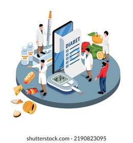 Isometric diabetes composition with isolated view of round platform with medical specialists insulin junk food prohibition vector illustration