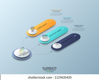 Isometric diagram with 3 colorful numbered rounded elements connected to main circle, thin line icons and place for text. Modern infographic design template. Vector illustration for presentation.