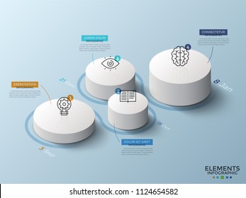 Isometric diagram with 4 paper white cylinders or columns, linear symbols, dates and text boxes. Concept of four milestones of company's development. Infographic design template. Vector illustration.