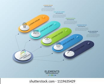 Isometric diagram with 5 colorful numbered rounded elements connected to main white circle. Concept of five options to choose. Realistic infographic design template. Vector illustration for brochure.