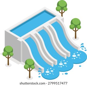 Isometric diagram of a concrete dam structure with water flowing down multiple spillways