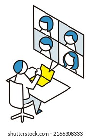 Isometric diagram of a person having a remote meeting on a laptop