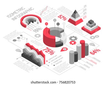 Isometric diagrams infographics black and white with solid geometric objects for graphs and diagrams with text vector illustration