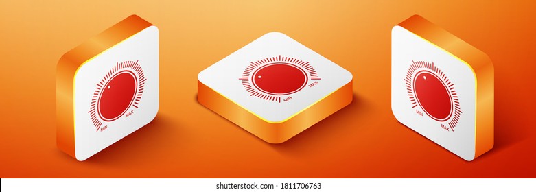 Isometric Dial knob level technology icon (icono de configuración de la tecnología del mando de marcado instantáneo aislado en el fondo naranja. Botón de volumen, control de sonido, botón de música con escala, regulador analógico. Botón cuadrado naranja. Vector.