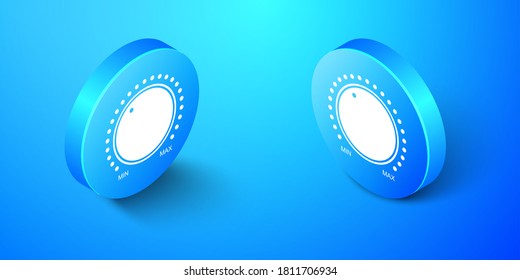 Isometric Dial knob level technology settings icon isolated on blue background. Volume button, sound control, music knob with scale, analog regulator. Blue circle button. Vector.