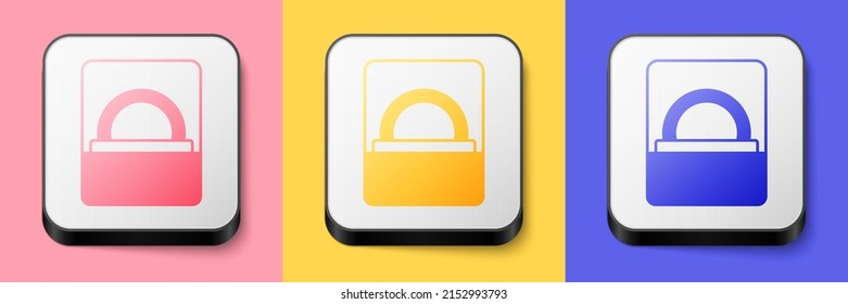 Anillo de compromiso de diamantes isométrico en un icono de caja aislado en fondo rosa, amarillo y azul. Botón cuadrado. Vector