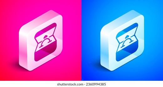 Isometric Diamond engagement ring in a box icon isolated on pink and blue background. Silver square button. Vector