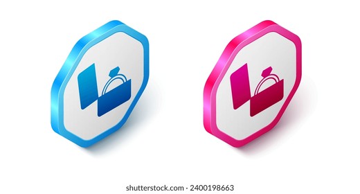 Isometric Diamond engagement ring in a box icon aislado en fondo blanco. Botón hexagonal. Vector
