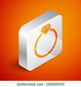 Isometric Diamond engagement ring icon isolated on orange background. Silver square button. Vector Illustration