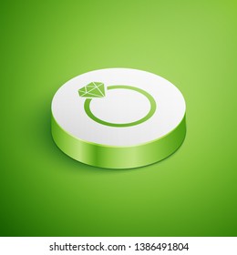 Isometric Diamond engagement ring icon isolated on green background. White circle button. Vector Illustration
