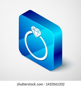 Isometric Diamond engagement ring icon isolated on white background. Blue square button. Vector Illustration