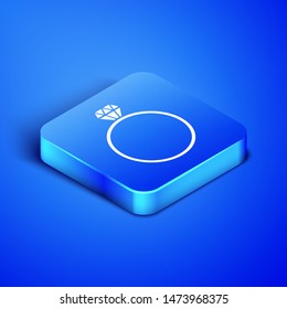 Isometric Diamond engagement ring icon isolated on blue background. Blue square button. Vector Illustration