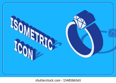 Isometric Diamond engagement ring icon isolated on blue background.  Vector Illustration