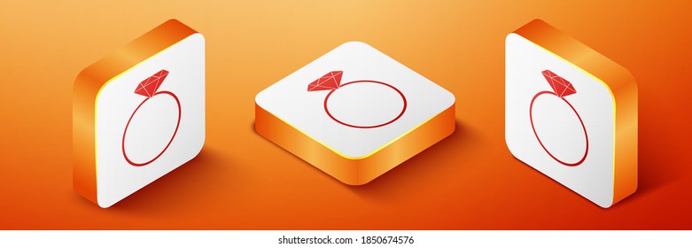 Isometric Diamond engagement ring icon isolated on orange background. Orange square button. Vector.