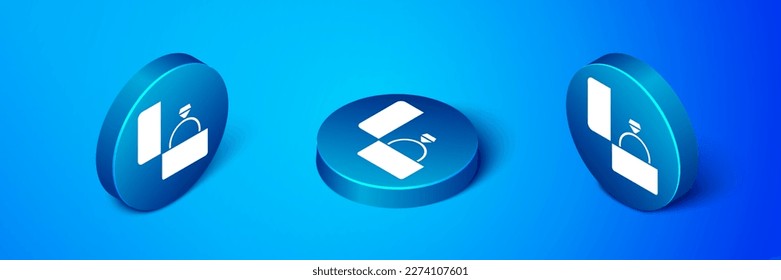 Isometric Diamond engagement ring icon isolated on blue background. Blue circle button. Vector
