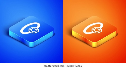 Isometric Diamond engagement ring icon isolated on blue and orange background. Square button. Vector