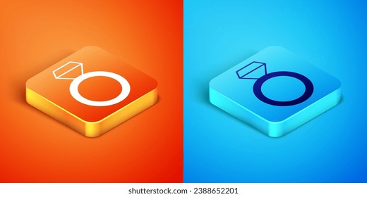 Isometric Diamond engagement ring icon aislado en el fondo naranja y azul.  Vector