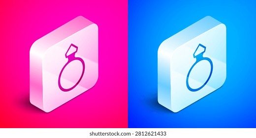 Isometric Diamond engagement ring icon isolated on pink and blue background. Silver square button. Vector