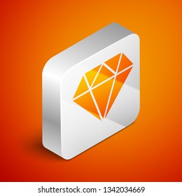 Isometric Diamond icon isolated on orange background. Jewelry symbol. Gem stone. Silver square button. Vector Illustration