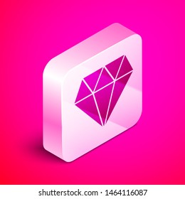 Isometric Diamond icon isolated on pink background. Jewelry symbol. Gem stone. Silver square button. Vector Illustration