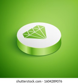 Isometric Diamond icon isolated on green background. Jewelry symbol. Gem stone. White circle button. Vector Illustration