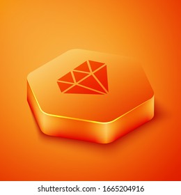 Isometric Diamond icon aislado en fondo anaranjado. Símbolo de joyería. Piedra Madre. Botón hexágono naranja. Ilustración vectorial