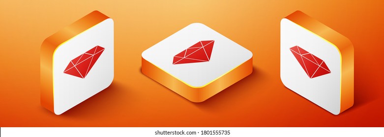Isometric Diamond icon aislado en el fondo naranja. Símbolo de joyería. Gem stone. Botón cuadrado naranja. Vector.