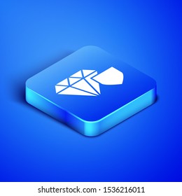Isometric Diamond with shield icon isolated on blue background. Jewelry insurance concept. Security, safety, protection, protect concept. Blue square button. Vector Illustration