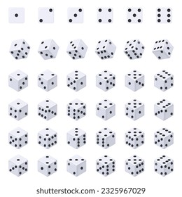 Isometric dice cube. Lucky dices number combinations for cards game or backgammon, rolling falling 3d cubes geometric shape with dot, gambling concept set vector illustration of casino gambling cube