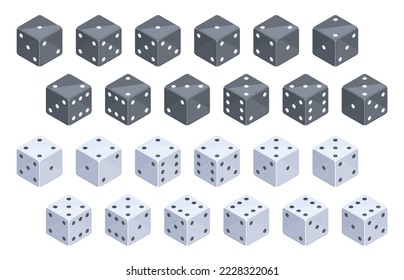 Isometric dice, gambling, board game cubes. Backgammon and poker dice, casino gambling pieces isolated 3d vector illustration collection. Board game dice set