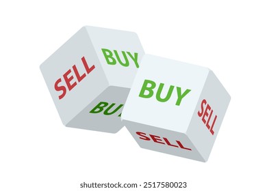 Isometric Dice for indicating buy or sell decisions. The concept of unpredictability in the stock market's future, investment decision. Forecast of changes in global indices and currencies.