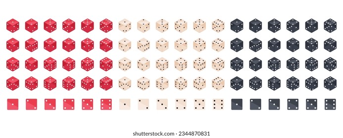 Isometric dice pieces. Gambling board games or casino dice. Backgammon game dice cubes 3d vector illustration set