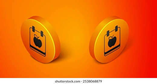 Isometrisches Diätplan-Symbol einzeln auf orangefarbenem Hintergrund. Konzept der Fitness-Marathon, richtige Ernährung, gesundes Essen, schöner Körper, Gemüse, Schlankheitsgefühl. Knopf für orangefarbenen Kreis. Vektorgrafik