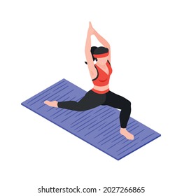 Isometric dietician nutritionist composition with female character doing stretching exercises vector illustration