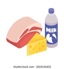 Isometric dietician nutritionist composition with icons of cheese milk and meat vector illustration