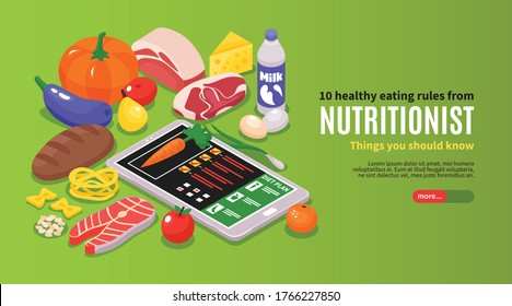 Isometric dietician nutritionist horizontal banner with editable text and images of ripe food with gadget statistics vector illustration